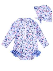 lot 18005 image: Infant Baby Girl Swimsuit Long Sleeve One Piece Swimwear  Hat Zipper Rash Guard Floral Toddler Bathing Suit Beachwear - Retail $17