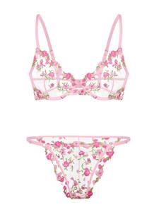 lot 18009 image: Lilosy Sexy Floral Embroidered Mesh Sheer Underwire Push Up Lingerie Set Women See Through Bra and Panty 2 Piece Sun Flower Pink Small - Retail $20