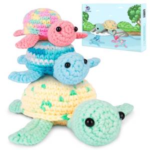 lot 18014 image: Crochetta Crochet Kit for Beginners, Beginner Crochet Kit for Adults with Step-by-Step Video Tutorials, DIY Crochet Animal Kits Kids Knitting Supplies, 3 Pack Turtle Family (40% Yarn) - Retail $15