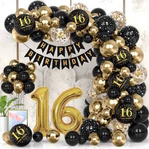lot 18019 image: 16th Black Gold Party Decoration Balloon Sets 40 Inch Gold Giant Number balloons with Birthday Banner Black Gold balloon Arch Garland for Women Men Girls Boys Birthday Decor(16th) - Retail $16