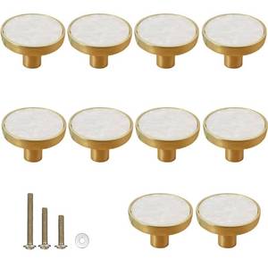 lot 18022 image: ESreake Gold Knobs for Dresser Drawers, Brass Decorative Cabinet Round Knobs, 1.25 Northern EuropeChinese Style Pearl Shell Handles pulls knobs for Home Decor Furnitures (10 Pack, Snow White) - Retail $26
