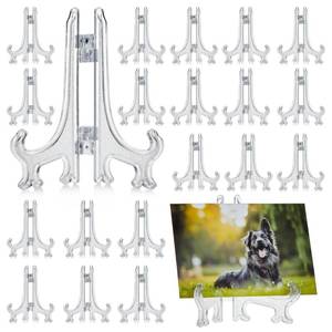 lot 18023 image: Juvale Mini Acrylic Easel Stands - 24-Pack, 3-Inch Clear Plastic - Display Stands for Collectibles, Trading Cards & Photos - Retail $6