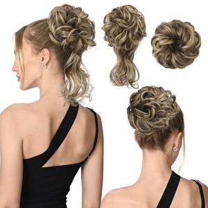 lot 18026 image: REECHO Hair Piece, 2 Styles Classic Tousled Updo Elastic Messy Bun Scrunchies - Fake Hair Bun Donut Ponytail Extensions Accessories for Women - Light Brown With Highlights - Retail $1,778