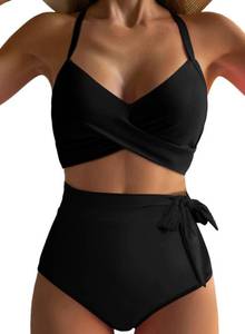 lot 18042 image: Dokotoo Womens Swimsuits 2 Piece High Waisted Bikinis Summer 2025 Beach Holiday Adjustable Straps Cross Front Bathing Suits Tummy Control Swimwear,Black Medium - Retail $27