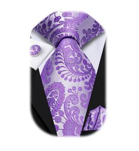 lot 18062 image: Dubulle Mens Lavendar Purple Paisley Silk Tie for Men Striped Necktie Pocket Square Cufflinks Set Wedding Business - Retail $15