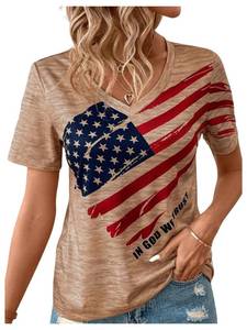 lot 18063 image: Milumia Women American Flag V Neck Short Sleeve Loose Fit Tee Shirt Coffee Brown X-Large - Retail $22,335