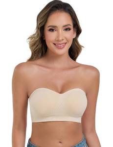 lot 18065 image: ANGOOL Strapless Bras for Women Wirefree Non-Slip Tube Top Invisible Bralette Seamless Padded Bandeau Bra, Beige, M - Retail $20