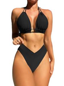lot 18076 image: Meetall Cheeky Bikini Sets for Women High Cut Leg Rise Triangle String Halter Top Swimsuits High Waisted Cute Bathing Suit Two Piece Sexy Big Busted Curvy Black XL - Retail $33