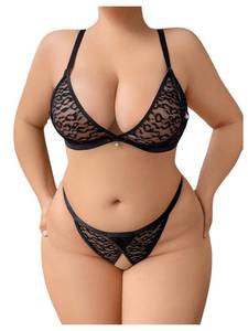 lot 18081 image: SOLY HUX Womens Plus Size Lingerie Set Lace Sheer Deep V Neck Bra and Panty Sexy Underwear Plain Black 4XL - Retail $20