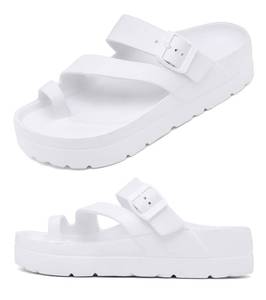 lot 18082 image: Women White Platform Slides Adjustable Buckle EVA Sandals, Toe Loop Orthotic Sandal Summer Beach Oceanside Holiday Outdoor - Retail $25