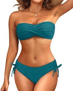 lot 18089 image: Womens Teal Strapless Bandeau Bikini Set - Twist Front Two Piece Swimsuit Top with Side Tie Bathing Suit Bottom L - Retail $34