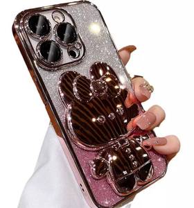 lot 18094 image: for iPhone 16 Pro Max Case for Women Girls Cute Hidden Rabbit Mirror Kickstand,Luxury Plating Soft TPU with Bling Gradient Layer,Glitter Girly Phone Case for iPhone 16 Promax Pink - Retail $14