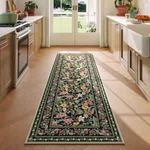 lot 18104 image: Vowkten Runner Rug for Kitchen Rug Non Slip 2x6 Washable Rugs with Rubber Backing Soft Vintage Floral Carpet Runner for Kitchen, Laundry, Bedroom, Bathroom, Green - Retail $25