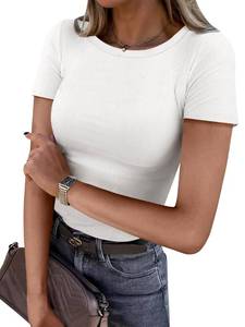 lot 18112 image: ANRABESS Women Short Sleeve Crewneck Ribbed Knit Slim Fitted Shirts Summer Tops Basic Tee Casual 2025 Fall Outfits Clothes White Small - Retail $15