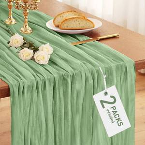 lot 18475 image: Pureegg 2-Pack Cheese Cloths Table Runner, 120 Boho Table Cloth Decorations for Party, Baby Shower, Wedding and Farmhouse, Fabric Room Decor, Sage Green - Retail $16