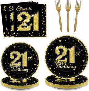 lot 18484 image: 96 Pcs 21st Birthday Party Supplies for 24 Guests Cheers to 21 Years Tableware Table Decorations Black Gold 21st Birthday Plates Napkins Dinnerware for Boys Girls 21 Years Old Party Favor - Retail $19