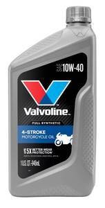lot 18487 image: Valvoline 4-Stroke Motorcycle Full Synthetic 10W-40 Motor Oil 1 Quart - Retail $10