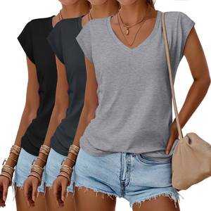 lot 18489 image: Huukeay 3 Pack Women��s V Neck T Shirts, Cap Sleeve Summer Casual Tops Loose Fit Short Sleeve Tees 2025 Trendy Shirts(Black, Dark Gray, Light Gray,Medium) - Retail $37