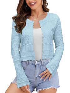 lot 18490 image: FAIRY SEASON Womens Cropped Cardigan Sweater Bell Long Sleeve 2025 Fall Lightweight Crochet Button Down Casual Elegant Knit Bolero Shrugs for Dresses Blue - Retail $30