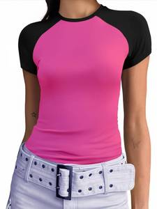 lot 18491 image: Abardsion Trendy Baby Tees for Women Y2K Shirts Cute Short Sleeve Crewneck Slim Fit Going Out Tops (Hot Pink & Black Sleeve, S) - Retail $10