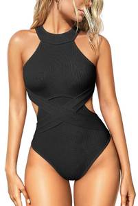 lot 18498 image: OQQ Womens One Piece Swimsuits Tummy Control High Waisted Cross Bathing Suit Wrap Tie Back 1 Piece Swimwear Black - Retail $551