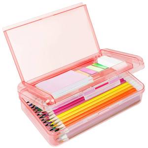 lot 19127 image: DANRONG Plastic Pencil Box, Large Capacity Pencil Case, Pencil Boxes Double Layer for Kids Adults,Colored Pencil Case,Hard Crayon Box Storage with Snap-Tight Lid for School Office Supplies(Light Pink) - Retail $6