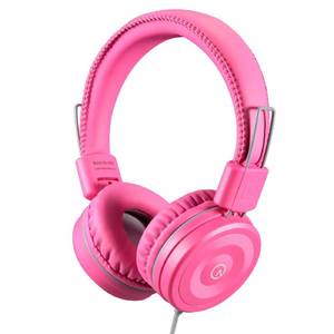 lot 19129 image: noot products Kids Headphones K22 Foldable Stereo Tangle-Free 5ft Long Cord 3.5mm Jack Plugin Wired On-Ear Headset for iPadAmazon Kindle FireGirlsSchoolLaptopTravelPlaneTablet FlamingoPink - Retail $14