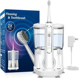 lot 19144 image: Electric Toothbrush with Water Flosser - Wireless Charging 3 in 1 Flossing Toothbrush - 500ML Professional Cordless Brush and Flosser in One - 5 Brush Modes & 3 Floss Speed (White) - Retail $90