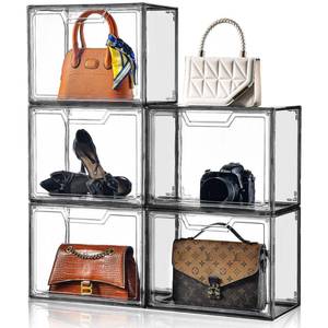 lot 19147 image: Stebopum Purse Organizer for Closet,Clear Acrylic Display Case for Handbag Organizer, Purse Storage Box with Magnetic Door, Dustproof Storage Bins for Book, Collectibles, Cosmetic (Grey, 5) - Retail $70