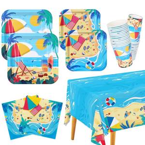 lot 19181 image: Beach Theme Party Supplies, Summer Pool Pack Includes Paper Dinner Plates, Dessert Plates, Luncheon Napkins, Cups and Tablecloth for Hawaiian Party Birthday Decorations, Serve 25 - Retail $26