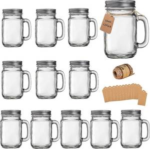 lot 11646 image: Mason Jar Cups, Mason Jars With Handle And Lids, Drinking Glasses Cups, Glass Mugs with Handles 16 oz ��12 Pack - Retail $27
