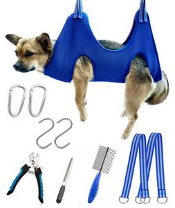 lot 12328 image: Kkiimatt 10 in 1 Pet Grooming Hammock Harness with Nail ClippersTrimmer, Nail File, Comb,Dog Nail Hammock, Dog Grooming Sling for Nail TrimmingClipping (SUnder 30lb, Blue) - Retail $24