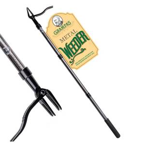 lot 12330 image: Grampas Metal Weeder - Stand Up Weed Puller Tool with Steel Long Handle - Made with All Steel Handle & 4-Claw Steel Head - Easily Remove Weeds Without Bending, Pulling, or Kneeling (Black) - Retail $45