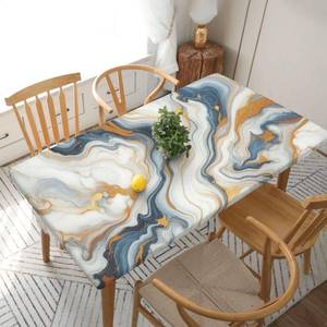 lot 12331 image: Gbuzozie Gold and Teal Marble Rectangle Tablecloth with Elastic Edge, Liquid Marbling 5FT Table Cloths Washable Reusable Rectangular Table Cover for Kitchen Dining Party, 60 L X 30 W - Retail $18