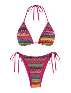 lot 12333 image: ZAFUL Womens Colorblock Stripes Triangle Halter Tied Cheeky Thong Bikini Set High Cut Two Piece Bathing Suit (2-Rose Red, M) - Retail $30