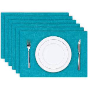 lot 12338 image: Kevin Textile Burlap Linen Placemats Set of 6 Heat Resistant Dining Table Place Mats Washable Kitchen Table Mats for Dinning Party Holiday Indoor Outdoor, 13 x19 inches,Peacock Blue - Retail $22
