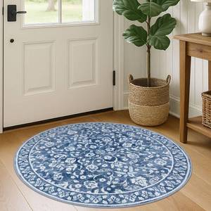 lot 12365 image: SILOLOOM Blue and White Round Rug 3 Ft Rugs for Entryway Washable Circle Entrance Rug Non Slip Round Doormat Indoor Printed Faux Wool Round Front Door Mat Floor Carpet for Backdoor, Bedroom - Retail $27