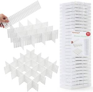 lot 12371 image: Flytianmy 40Pcs Drawer Dividers, Adjustable Drawer Organizer for Socks, Underwear, Makeup, Can Help Tidy Kitchen, Bedroom, Dresser White - Retail $24