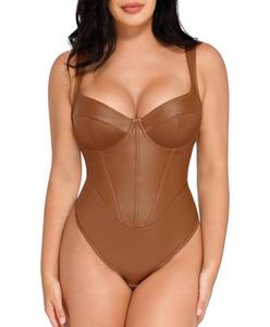 lot 12372 image: Popilush Leather Corset Bodysuit Tummy Control V Neck Thong Shapewear Sleeveless Brown Body Suit Fall Outfits for Women 2024 Tank Top, Large