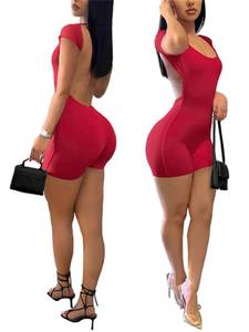 lot 12380 image: Bodycon Jumpsuits for Women Sexy Backless Rompers Short Sleeve Scoop Neck Bodysuits High Wasited One Piece Outfits Shorts Catsuits Red S - Retail $30