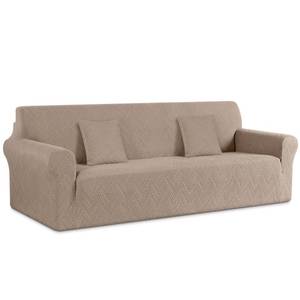 lot 12382 image: Ruaozz Stretch Sofa Cover 1 Piece Oversized Couch Cover Non Slip Extra Large Sofa Slipcover Soft Jacquard Furniture Protector with 2 pcs Throw Pillow Covers (4 Seater, Khaki) - Retail $63