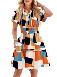 lot 12394 image: Duigluw Color Block Dress Women 2025 Summer Dresses Casual Short Sleeve Ruffle A-Line Swing Mini Babydoll Dress Orange S - Retail $36