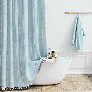 lot 12399 image: BTTN Stall Shower Curtain - 60x72 Narrow Boho Farmhouse Linen Vintage Striped Fabric Shower Curtain Set with 10 Hooks, Bohemian Cottage Decorative Weighted Cloth Shower Curtain for Bathroom - Fog Blue - Retail $28