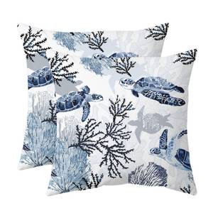 lot 12401 image: weesire Nautical Coastal Throw Pillow Covers Set of 2 Beach Themed Ocean Coral Sea Turtle Decorative Pillow Cases Outdoor Sofa Cushion Cover for Bedroom Living Room, 18x18, Blue - Retail $20