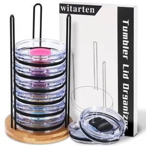 lot 12408 image: witarten Bamboo Cup Lid Organizer - Vertical Storage for Up to 10 Lids, Achieve Clutter-Free Organization - Retail $7