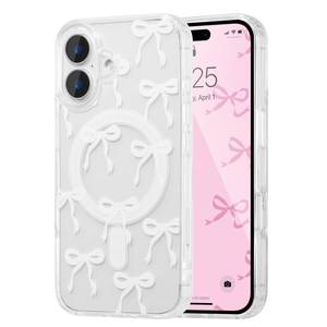 lot 12409 image: UEEBAI Magnetic for iPhone 16 Case, Bow Case Compatible with MagSafe, Wireless Slim Clear Ribbon Aesthetic Phone Cover Anti-Yellowing Shockproof Protective Cover for Women Girl - White - Retail $10