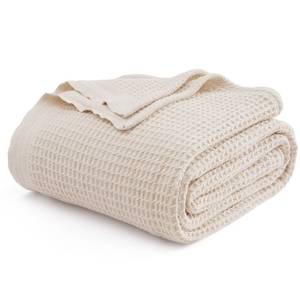 lot 15149 image: Bedsure Gentlesoft 100% Cotton Blanket Queen Size for Bed - Breathable and Soft, Waffle Weave Blanket for Summer, Thick Cozy Fall Blankets for Women Gift, Khaki (a Little Bit Yellow), 90x90 Inches - Retail $40