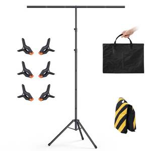 lot 15152 image: Womnwomn T-Shape Backdrop Stand 8x5.3FT, Height and Width Adjustable Background Stand for Parties,Green Screen Holder with 6 Spring Clamps - Retail $28