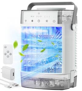 lot 15156 image: Smartale Portable Air Conditioners, Mini Evaporative Air Cooler with Remote, 3 Wind Speed & 2 Mist Mode, 7-Color Night Light, 2-4-8H Timer, 1600ML Water Tank Small Cooling Fan for Home Office Bedroom - Retail $20
