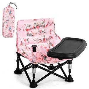 lot 15158 image: Booster Seat for Kitchen Chair with Removable Tray, Portable Foldable Baby Chair for Babies 6-36 Months, Indoor Outdoor Toddler Camping Chair (Pink Floral Design) - Retail $30